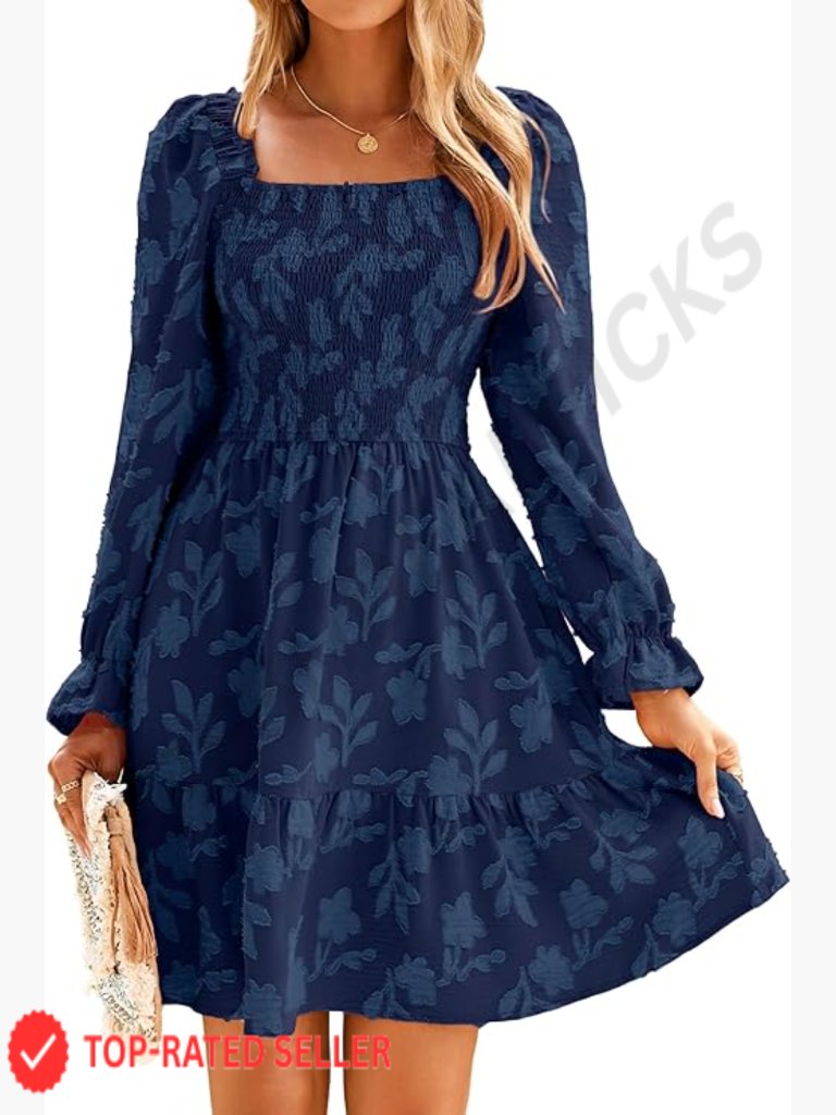 Square Neck Long Sleeve Mini Dress Smocked High Waist Swing Ruffle Boho